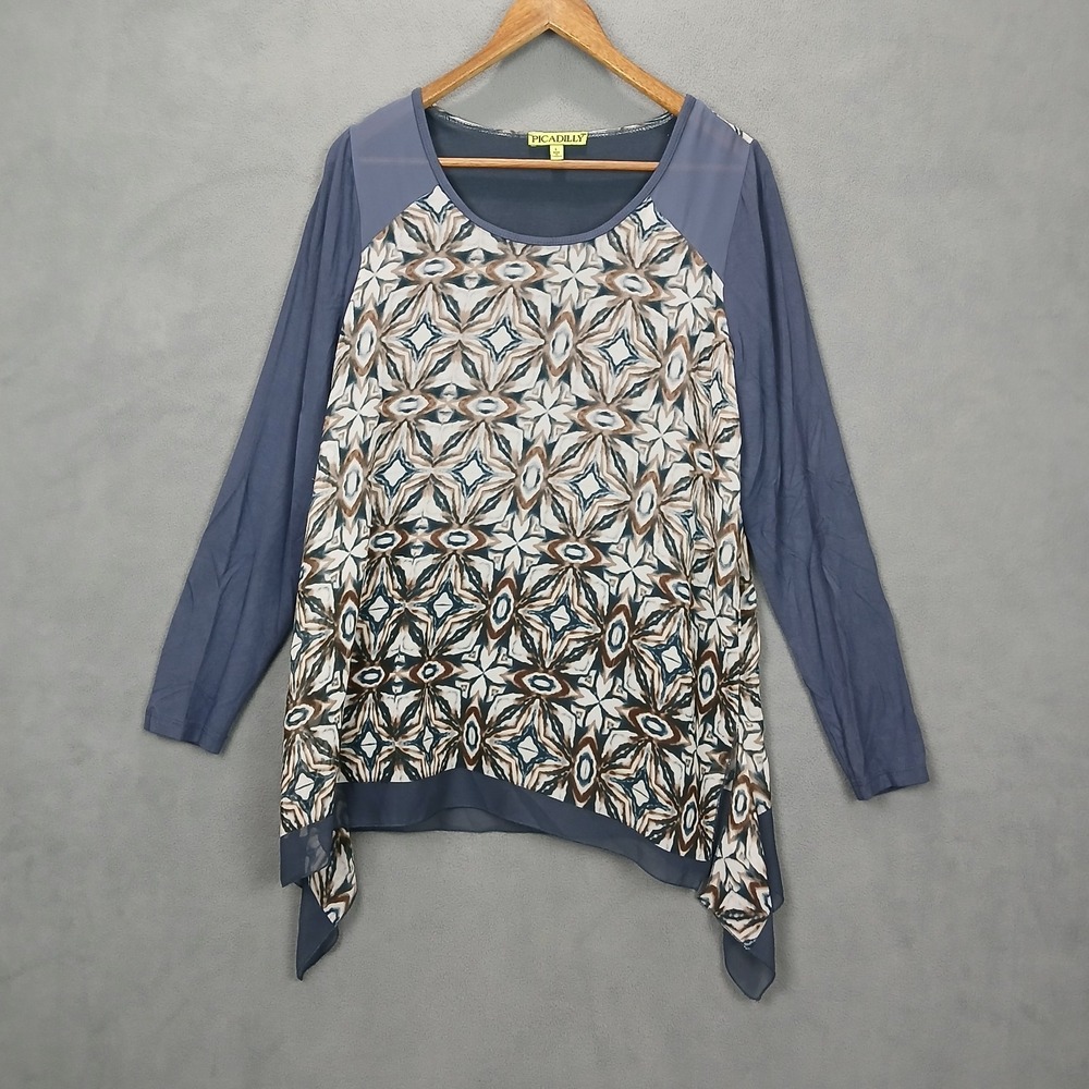Picadilly Tunic Top Womens‎ Large Dusty Blue Geometric Asymmetric Hem Round Neck